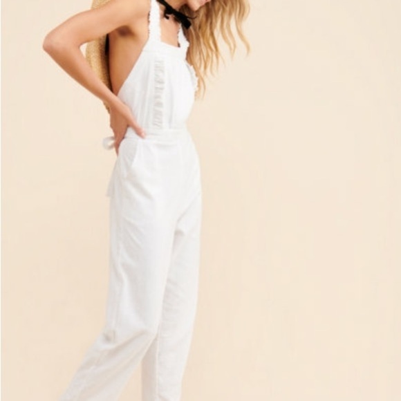Rue Stiic Costello Overall Jumpsuit Ruffle Open Back White Linen Size Small - Picture 8 of 15
